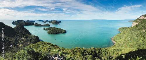 The panoramic sea view of the surrounding islands from Wua Ta Lap Island. Ang Thong National Marine Park in Surat Thani, Thailand.