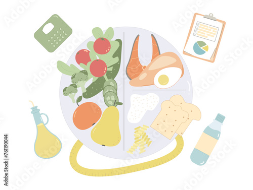Healthy eating plate. Wellbeing concept. Diet plan schedule program. Nutrient counting. Meal tracking concept. Weight loss control. Vector flat illustration isolated.