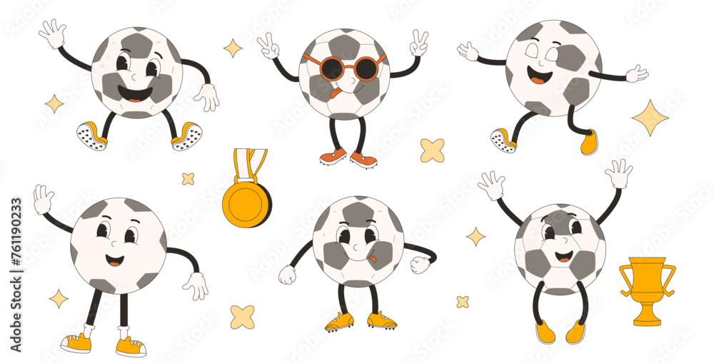 Obraz premium Soccer ball retro comic mascot. Football groovy character. Rubber hose sport game equipment. Vector flat illustration.