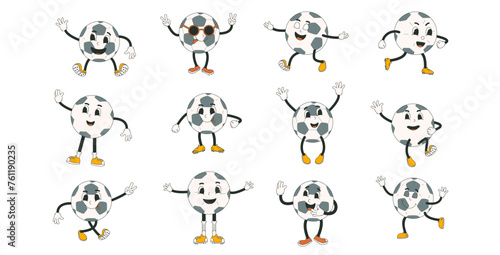 Football ball groovy characters set isolated on white background. Soccer retro mascots. Rubber hose animation style cartoon sport equipment Cute vintage anthropomorphic. Vector flat illustration