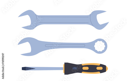 Screwdriver and wrench isolated on white background. Construction equipment tools. International workers day. Labour day cards. Vector posters illustration.
