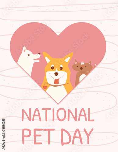 National Pet Day banner. Domestic animal holiday design greeting card, poster. Awareness about shelter for homeless animals. Vector flat illustration
