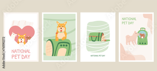 National Pet Day cards set. Domestic animal holiday design greeting banner, poster. Awareness about shelter homeless dogs and cats. Vector flat illustration
