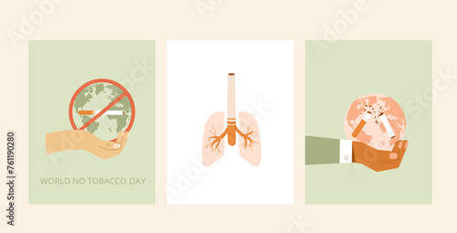 World no tobacco day cards set. Stop smoking banner. Cigarette and forbidden sign awareness. Vector