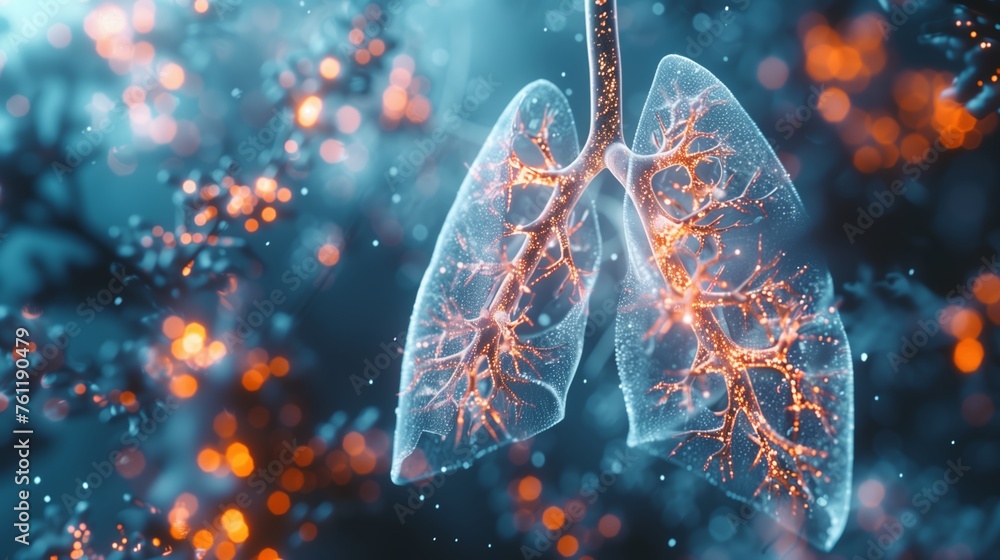 Healthy lungs with optimized respiratory structures and efficient gas exchange in the alveoli. Pulmonology concept. - obrazy, fototapety, plakaty 