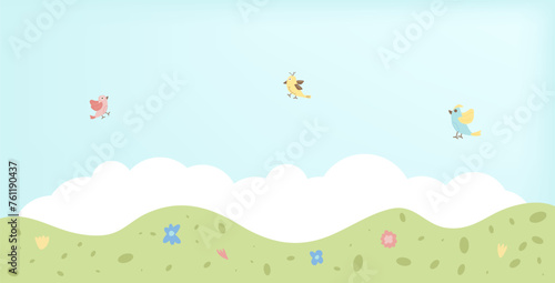 Spring background. Holiday abstract banner template with grass sky, bird and cloud . Card with decoration. Vector simple illustration