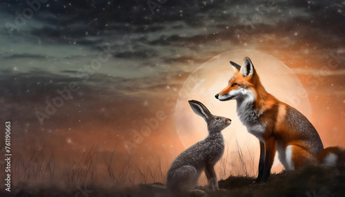 Fox and rabbit at night