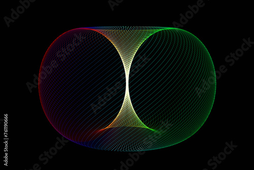 カラフルなワイヤーフレーム状のねじれたトーラス形状
