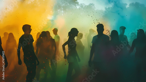 Dramatic silhouettes of people participating in the Holi festival