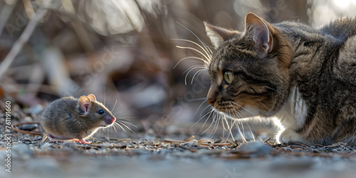 A cat and a mouse on a path, Mouse and cat isolated on white background, 

