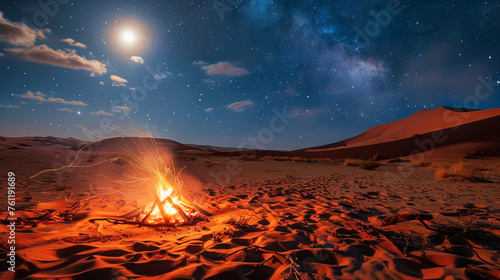 A campfire in the desert at night