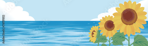 夏　トラベル　旅行　バナー　空　海　ひまわり　フレーム　背景　イラスト素材
