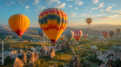  Hot air balloons ascend over a unique terrain, creating a picturesque and adventurous experience.