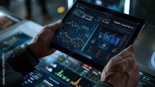 Modern Investor CloseUp of Hands Using Futuristic RealTime Trading App on Tablet Stock Image