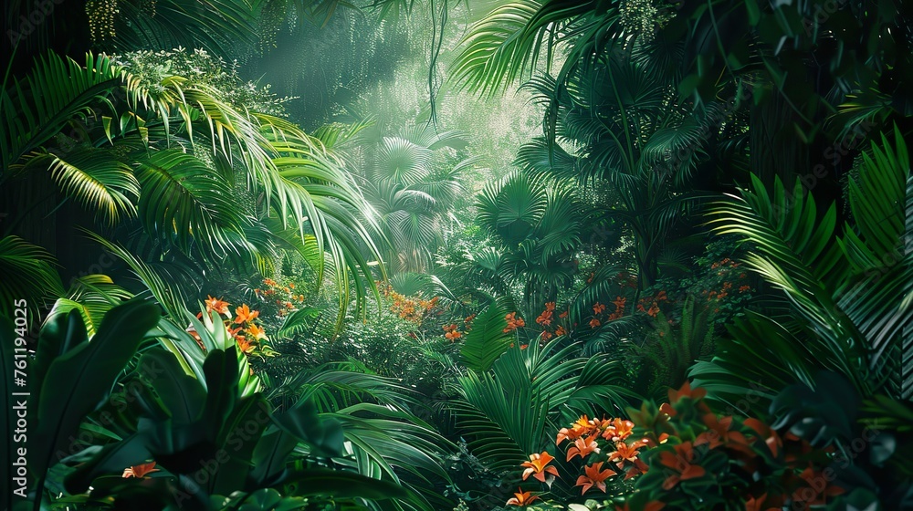 A tropical rainforest with vibrant green foliage and exotic flowers A tropical rainforest with vibrant green foliage and exotic flowers