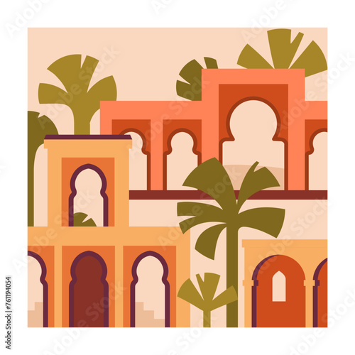 Moroccan Berber architecture card. Morocco building, arch gates, Maroc arcs, ...