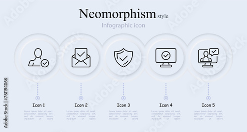 Verification line icon set. Checkmark, shield, confirmed user, monitor, image, video call. Neomorphism style. Vector line icon for Business