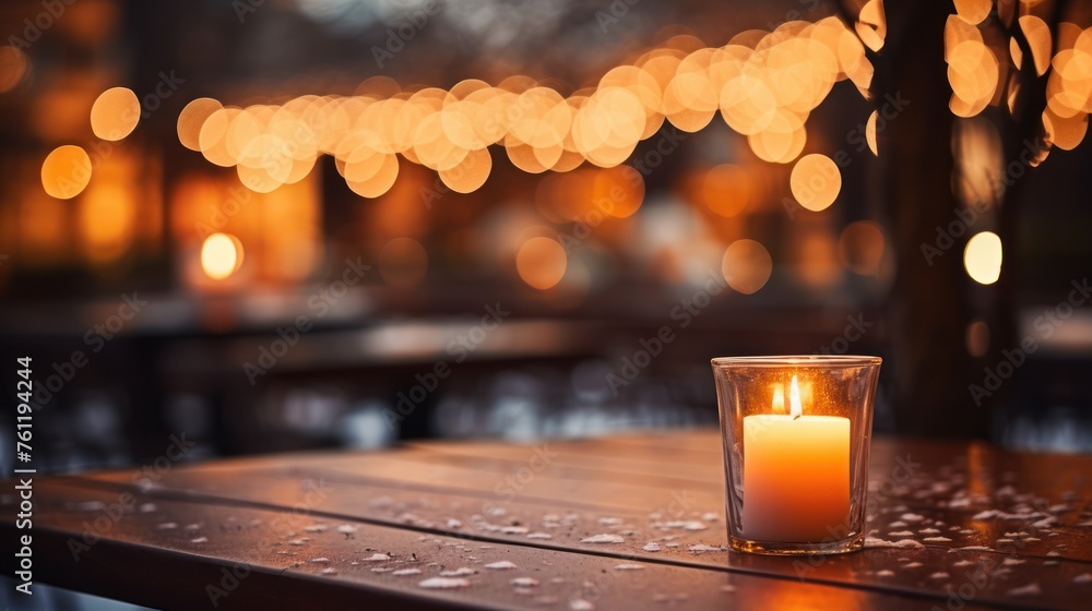 Lit up candle at an outdoor table of a restaurant in winter, cosy atmosphere, selective focus, bokeh, decorative, celebration, holiday, light, festive
