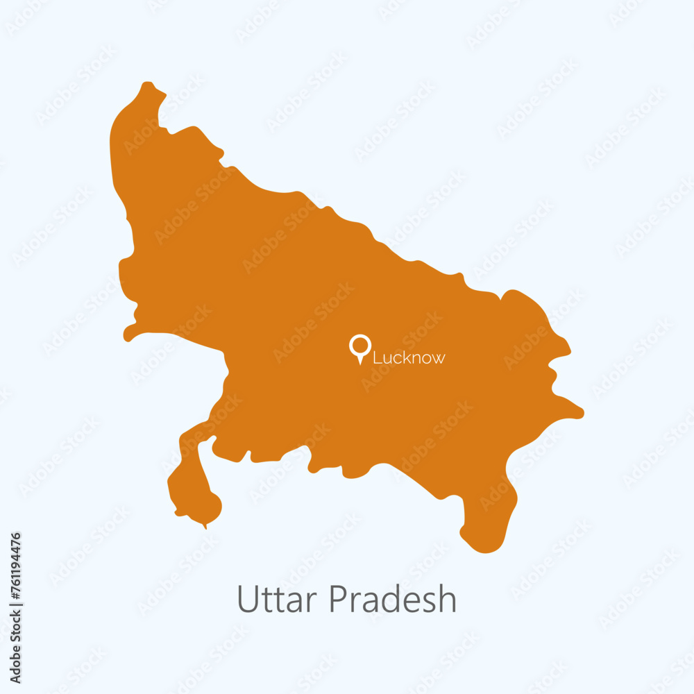 Uttar Pradesh modern map with Capital Lucknow marked on isolated plain ...