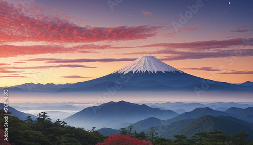 Japanese-style Illustration Landscape of Akane Sky and Mountains
