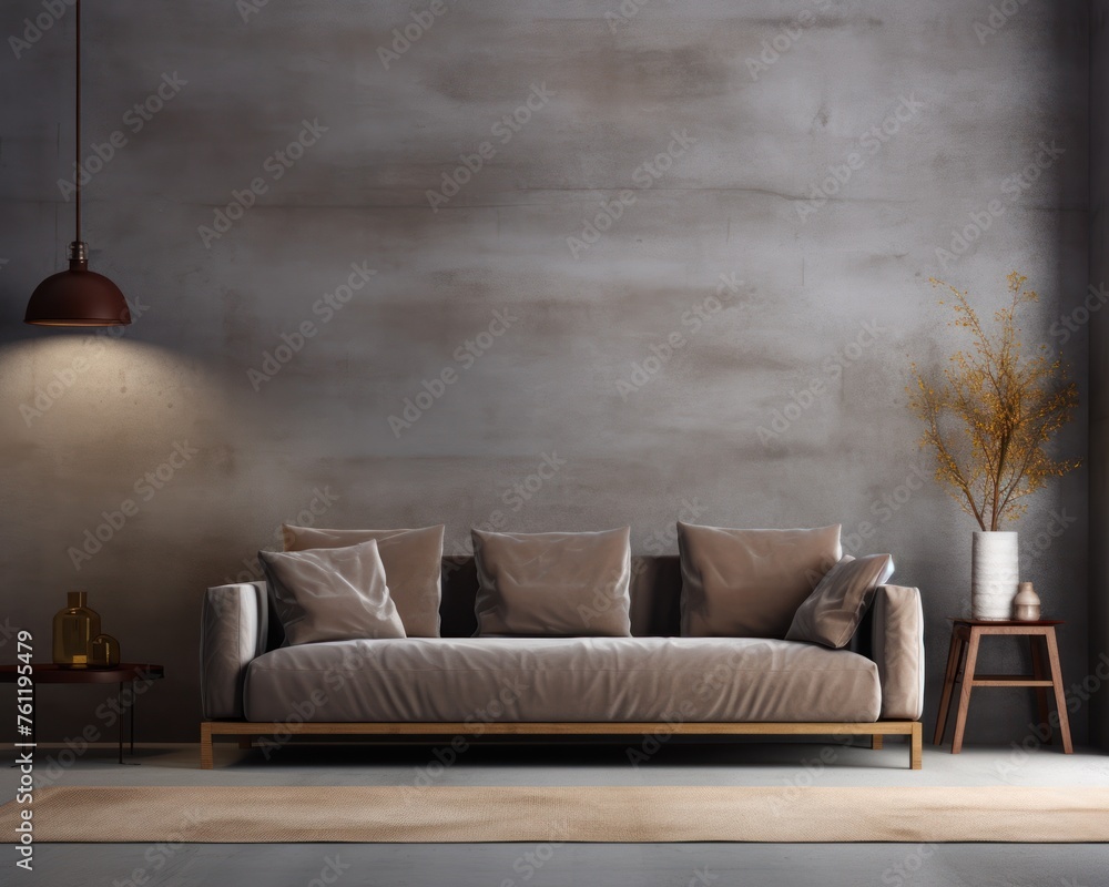 gray sofa in brown living room with copy space gray sofa in brown living room with copy space