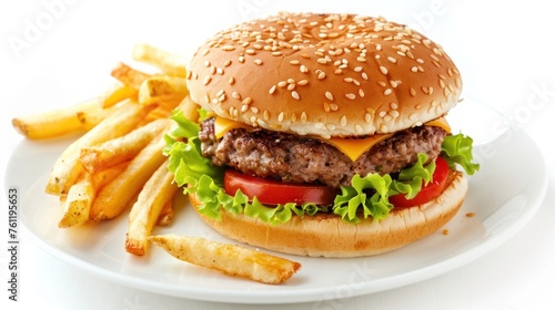 hamburger and 
French fries on plate