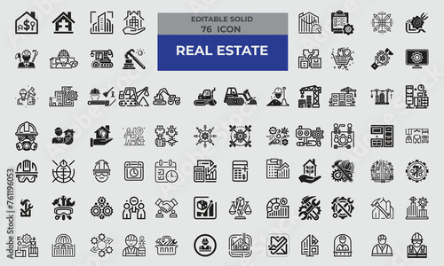 76 Solid Icons for Real Estate & Construction set in fill style. Excellent icons collection. Vector illustration. 