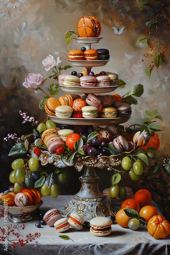Oil painting of 3 tiers macaron tower with moody vintage, , For wall art, digital art, home decor , background and wallpaper