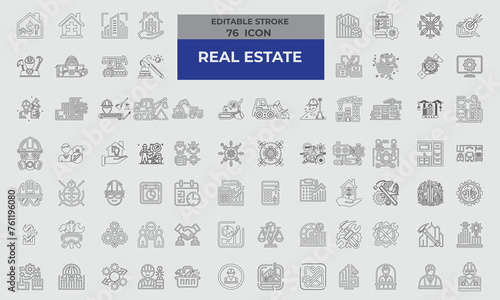 76 Stroke Icons for Real Estate & Construction set in line style. Excellent icons collection. Vector illustration.