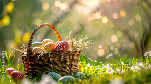 Beautiful Easter basket with treats. Selective focus.