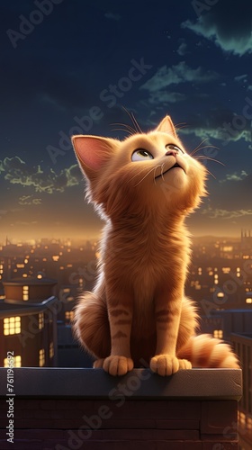 Curious Ginger Cat on City Rooftop at Dusk