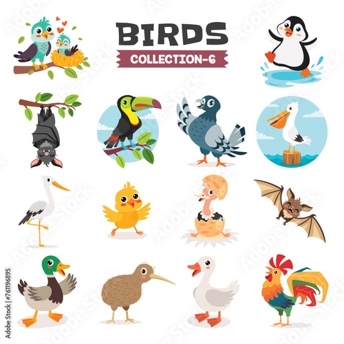 Set Of Various Cartoon Birds
