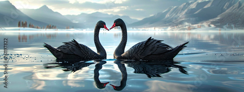 Two black swans on the lake. Selective focus. photo