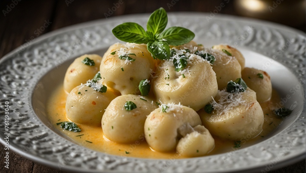 Delicious Italian potato gnocchi garnished with basil and parmesan on a white plate, representing a traditional European cuisine Delicious Italian potato gnocchi garnished with basil and parmesan on a white plate, representing a traditional European cuisine