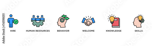 Onboarding banner web icon vector illustration concept for human resources business industry to introduce newly hired employee into an organization with behavior, welcome, knowledge, and skills icon