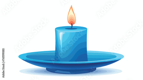 Lit candle in blue candlestick vector flat illustration