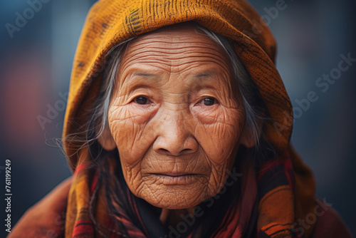 Portrait of an elderly asian woman with deep wrinkles