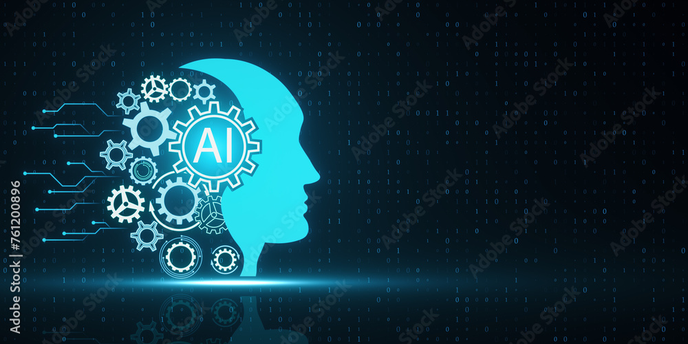 Creative head outline and cogs ai hologram on dark blue tech background with mock up place. Artificial intelligence and machine learning concept. 3D Rendering. - obrazy, fototapety, plakaty 