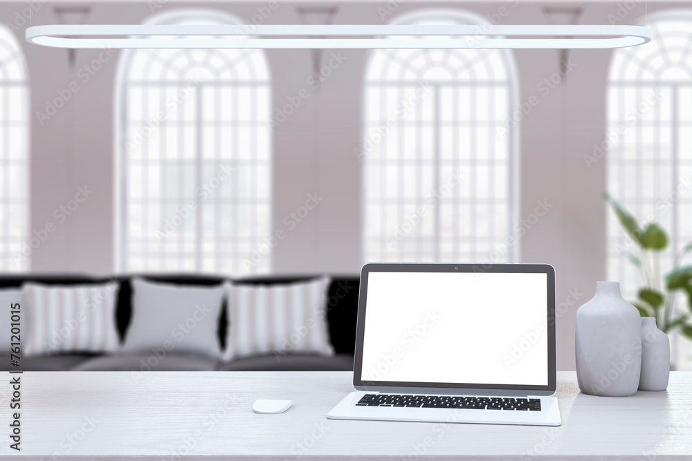 Laptop on white desk with blurred background, mockup for design presentation. 3D Rendering Laptop on white desk with blurred background, mockup for design presentation. 3D Rendering