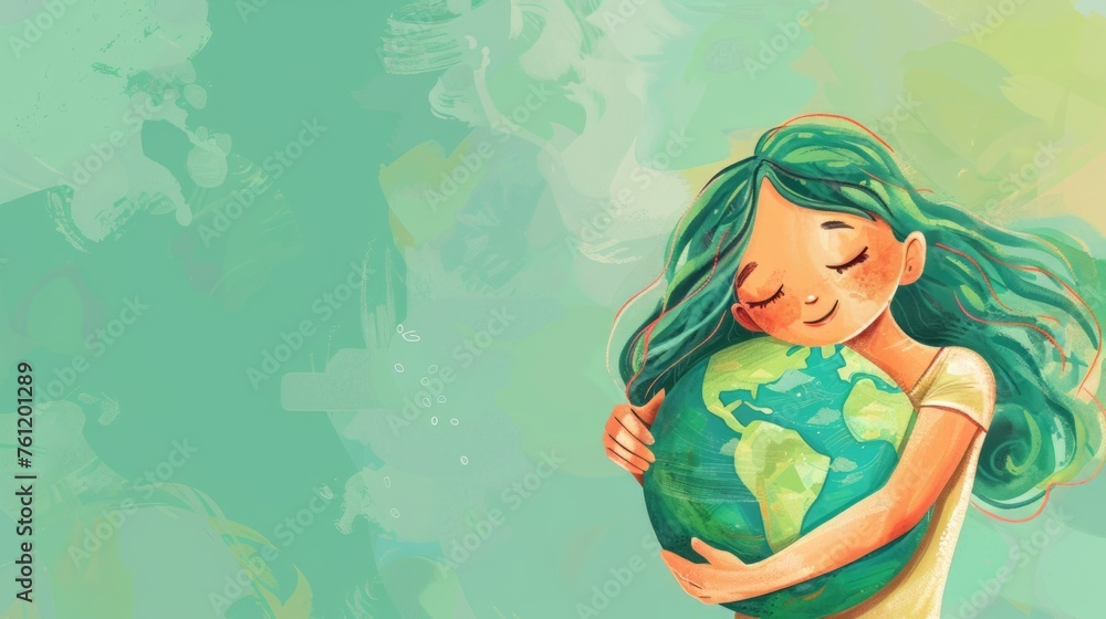 Cute Girl Hugging or Embracing Earth with Copysace, Earth Day Illustration, Environment Day, Save World