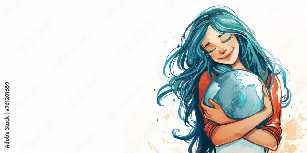 Cute Girl Hugging or Embracing Earth with Copysace, Earth Day Illustration, Environment Day, Save World Cute Girl Hugging or Embracing Earth with Copysace, Earth Day Illustration, Environment Day, Save World