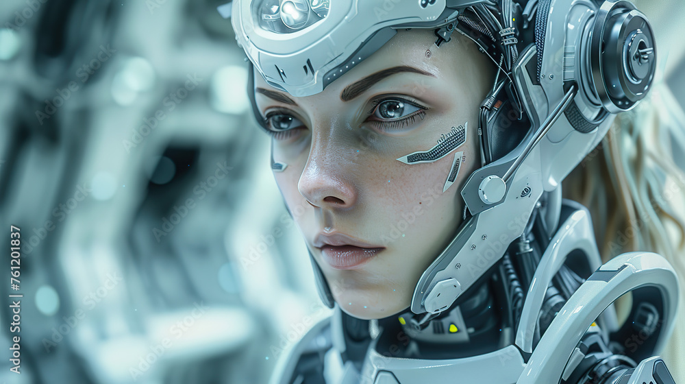 Futuristic Human Female like cyber-robot looking at the camera Futuristic Human Female like cyber-robot looking at the camera