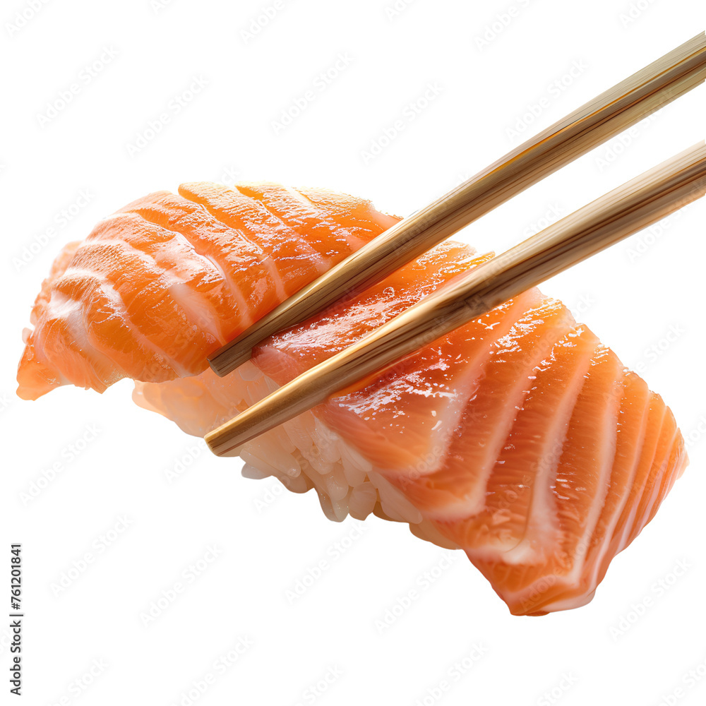 Perspective view of a piece of salmon being held up with chopsticks right side, isolated on transparent background Perspective view of a piece of salmon being held up with chopsticks right side, isolated on transparent background