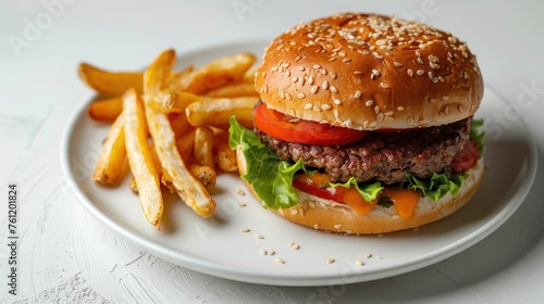 hamburger and French fries on plate, on white background