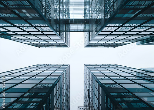 wide angle shot of modern glass skyscraper buildings with symmetrical grid patterns