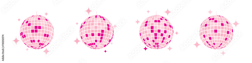 Set of pink discoballs. Night music party mirrorballs in 70s 80s 90s discotheque style. Shining nightclub globes with glitters. Nightlife, holiday or celebration symbols. Vector flat illustration Set of pink discoballs. Night music party mirrorballs in 70s 80s 90s discotheque style. Shining nightclub globes with glitters. Nightlife, holiday or celebration symbols. Vector flat illustration