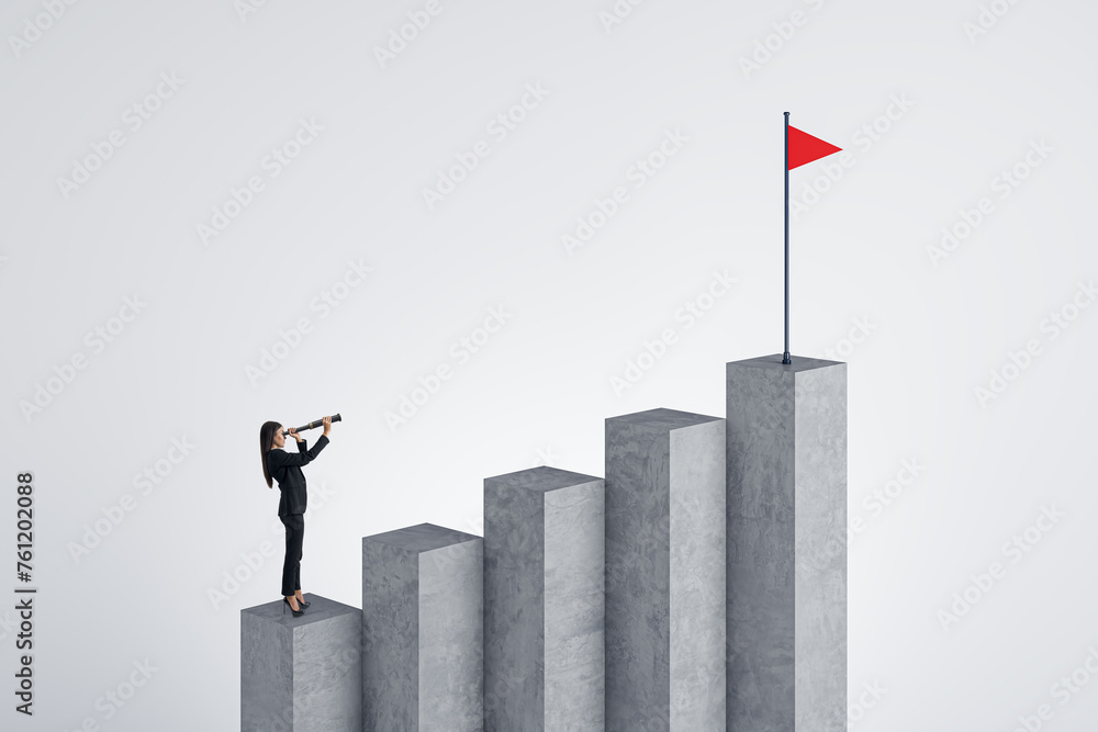 Εκτύπωση καμβά Businesswoman with telescope looking at concrete business chart top with flag on white background