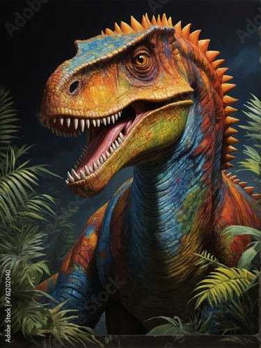 Captivating close-up illustration of a dinosaur showing intricate details and sharp teeth  evoking a sense of awe