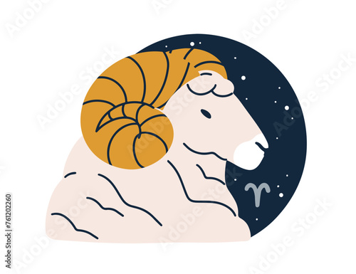 Aries, Zodiac sign icon. Ram in astrology, horoscope, horned animal symbol, star sky. April constellation, esoteric space sticker. Flat graphic vector illustration isolated on white background