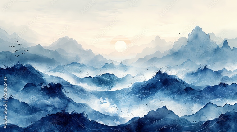 Modern illustration of a Japanese background with blue watercolor texture. Natural waves with ocean sea decoration banner design in vintage style.